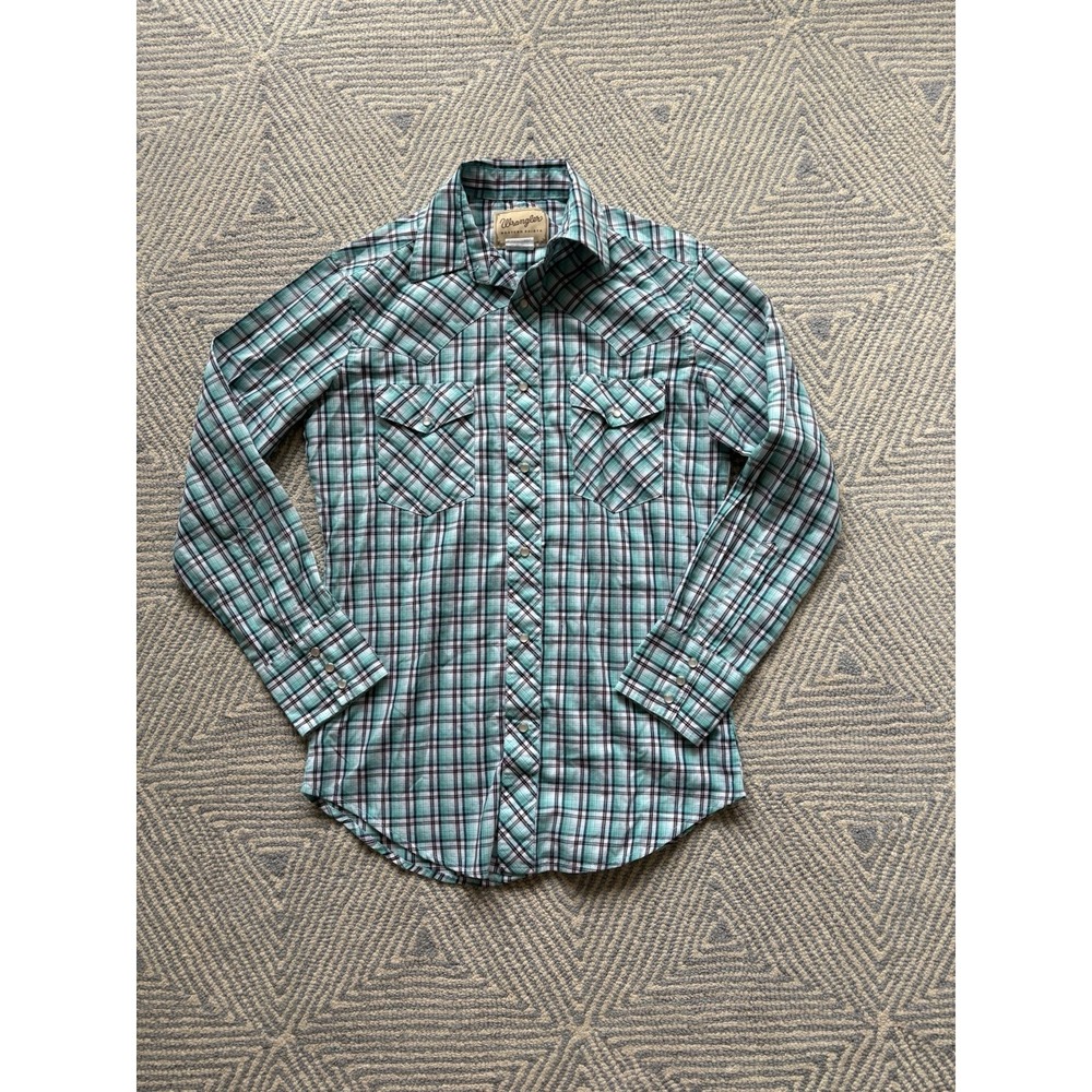 Wrangler Western Shirts Pearl Snap Long Sleeve Shirt - Green/White - Small